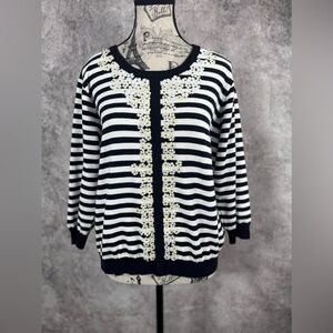 Cathy Daniels Black and White Striped/Floral Sequence Accents/Sweater Top size L